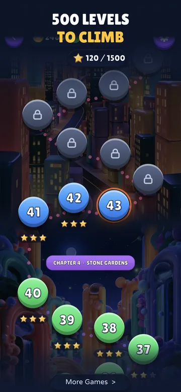 The chapter map, a winding path of level nodes with earned stars.